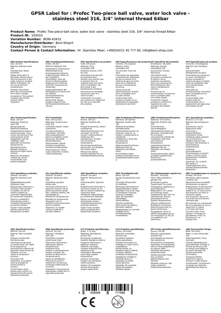 Profec Comhla Liathróide Dháphíosa, Comhla Dúngha, Cruach dhosmálta 316, 3/4" Snáithiú Inmheánach 64bar-0