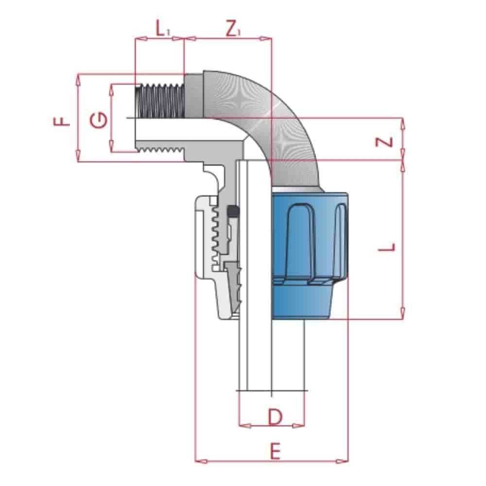 PP PE Rohr Verschraubung 90° Winkel 32 x 1" AG-0