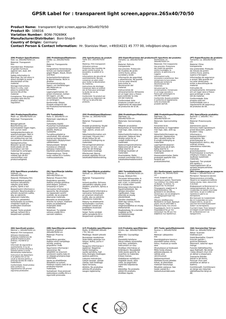 Clúdach trédhearcach scáth fearthainne, thart ar 265x40/70/50-1