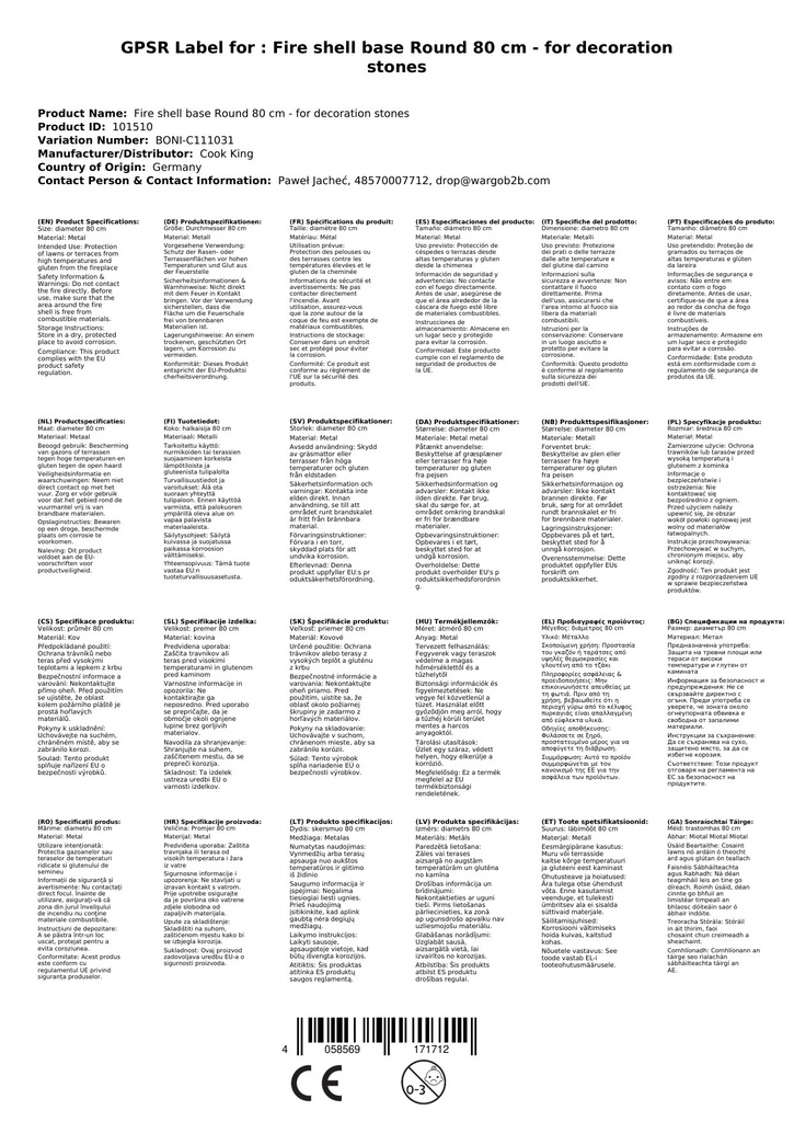 Bonnán Dóiteáin Babhta 80 cm - do Chlocha Maisiúla-1