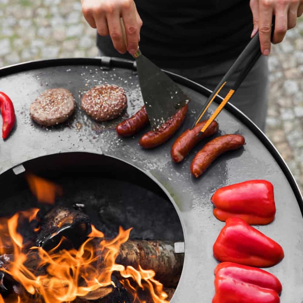 Pláta grill déanta as cruach dhosmálta do bhabhla tine 98 cm le ceithre láimhseáil-0