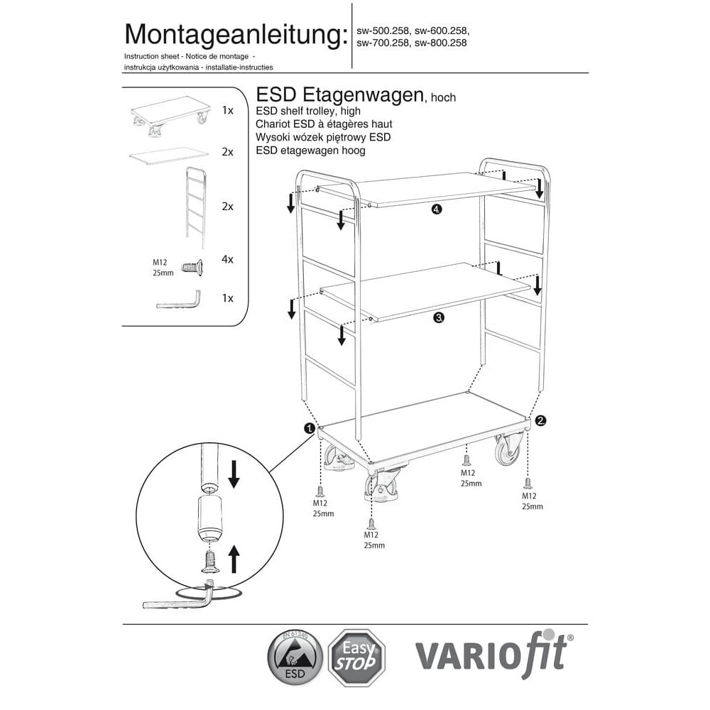 Trolly ESD Ard le 3 Sheilf Cineál S + EasySTOP-0