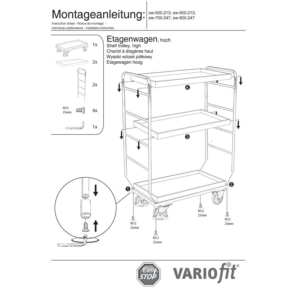 Tralaí Urláir Ard 3 Tráidire 250 kg Ualach Cineál XL + EasySTOP-1