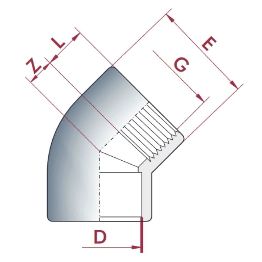 PVC-U 45°Uillinn Muffe x IG 20 mm x 1/2"PN10-0