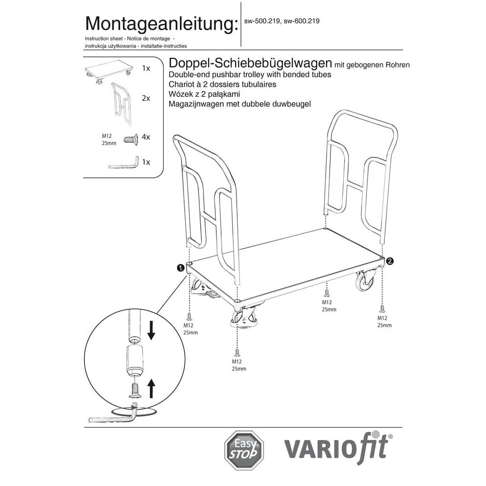 Trolley Dúbailte le Cnaipe Sleamhnáin 250 kg Cineál L + EasySTOP-0