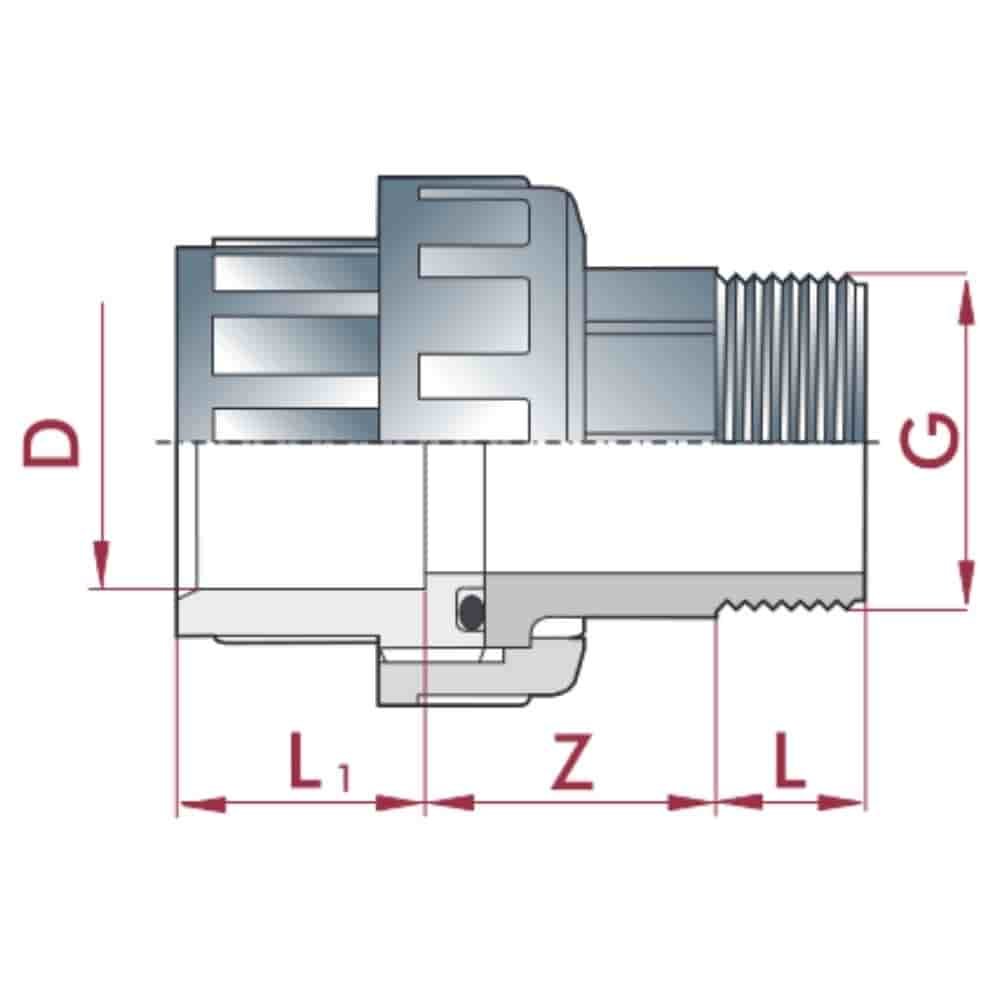 PVC - U Verschraubung Klebemuffe x AG 50 mm x 1 1/2"-1