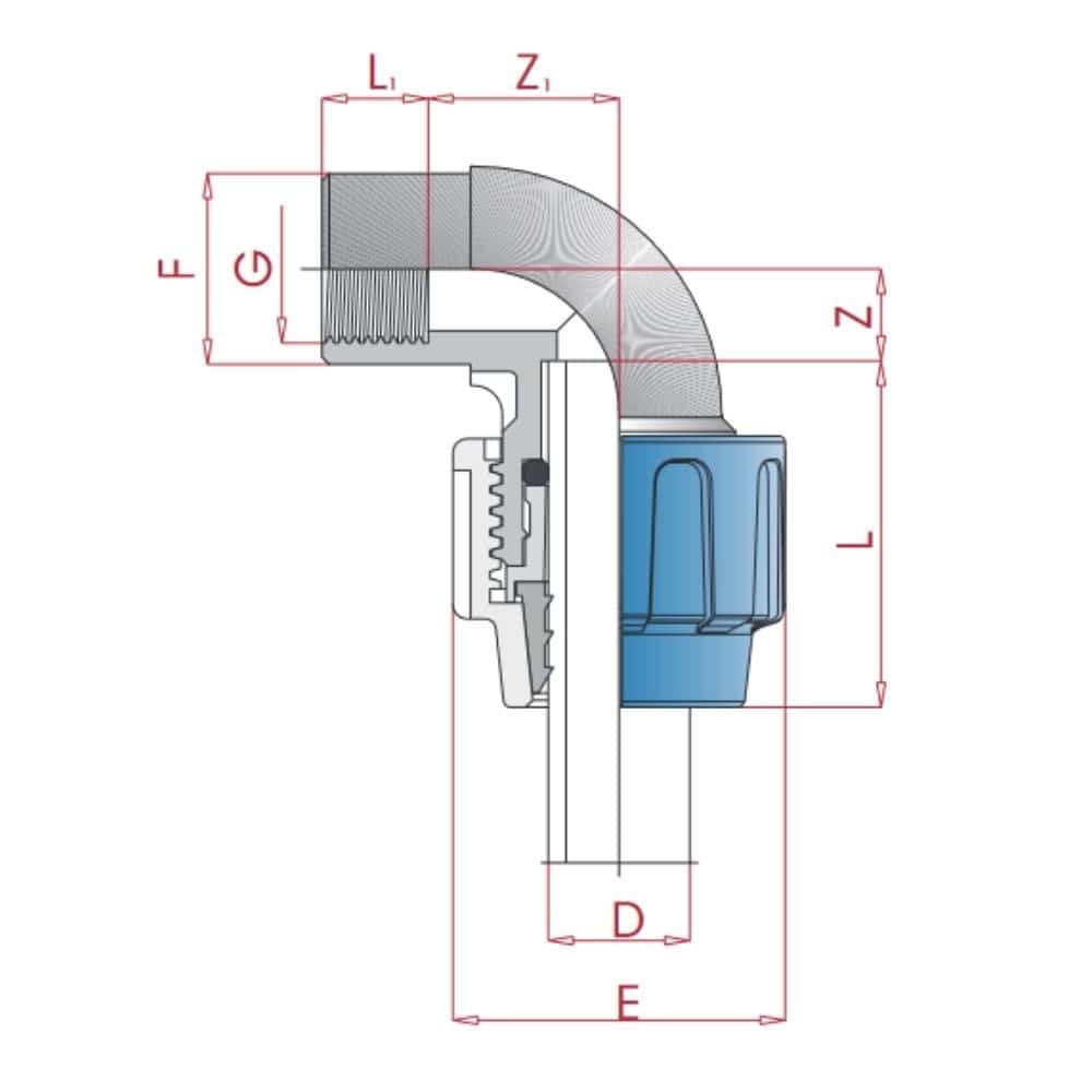 PP PE Feistiú Píobáin 90° Uillinn 32 x 1/2" IG-0