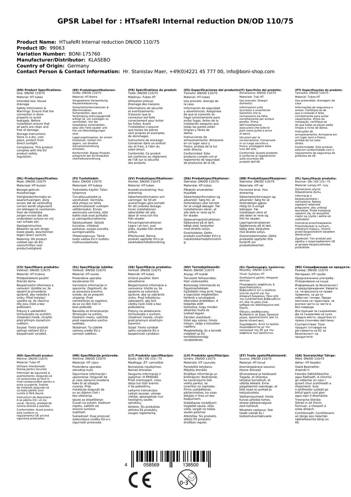 HTsafeRI Laghdú Inmheánach DN/OD 110/75-2