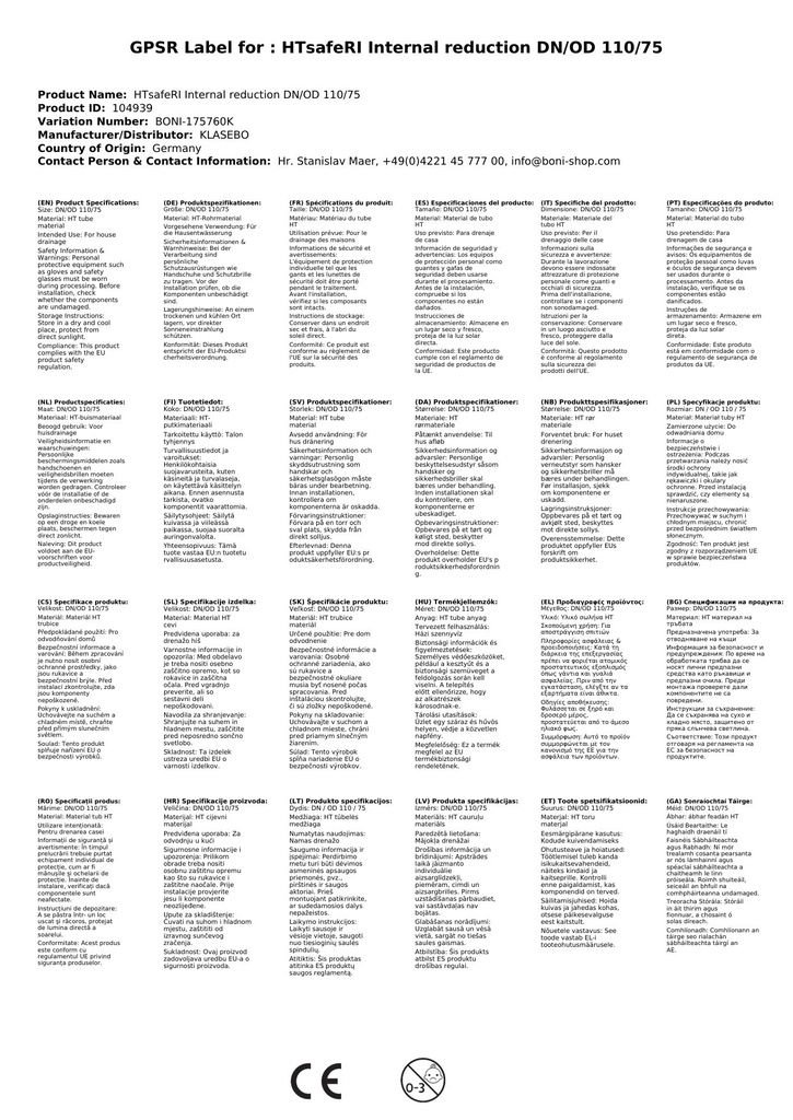 HTsafeRI Laghdú Inmheánach DN/OD 110/75-2