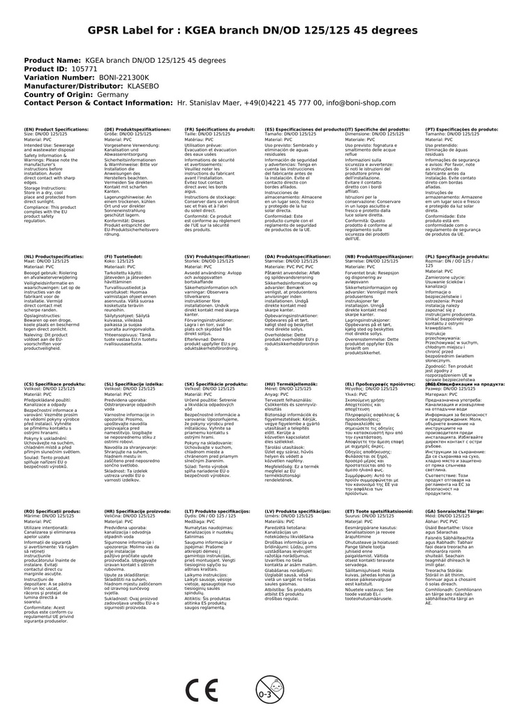 KGEA Brainse DN/OD 125/125 45 Céim-3