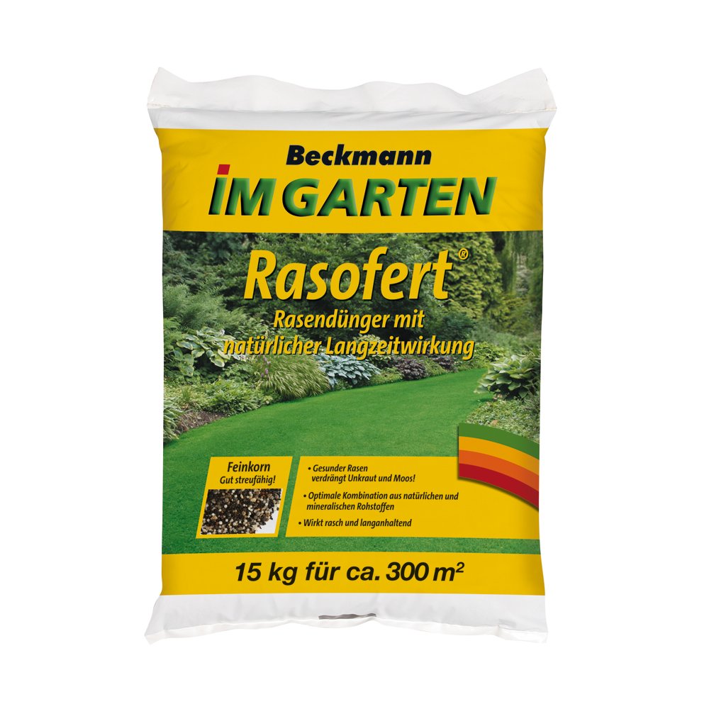 15 kg Leasachán Faiche Beckmann Rasofert®, orgánach-mianrach do thart ar 300 m²