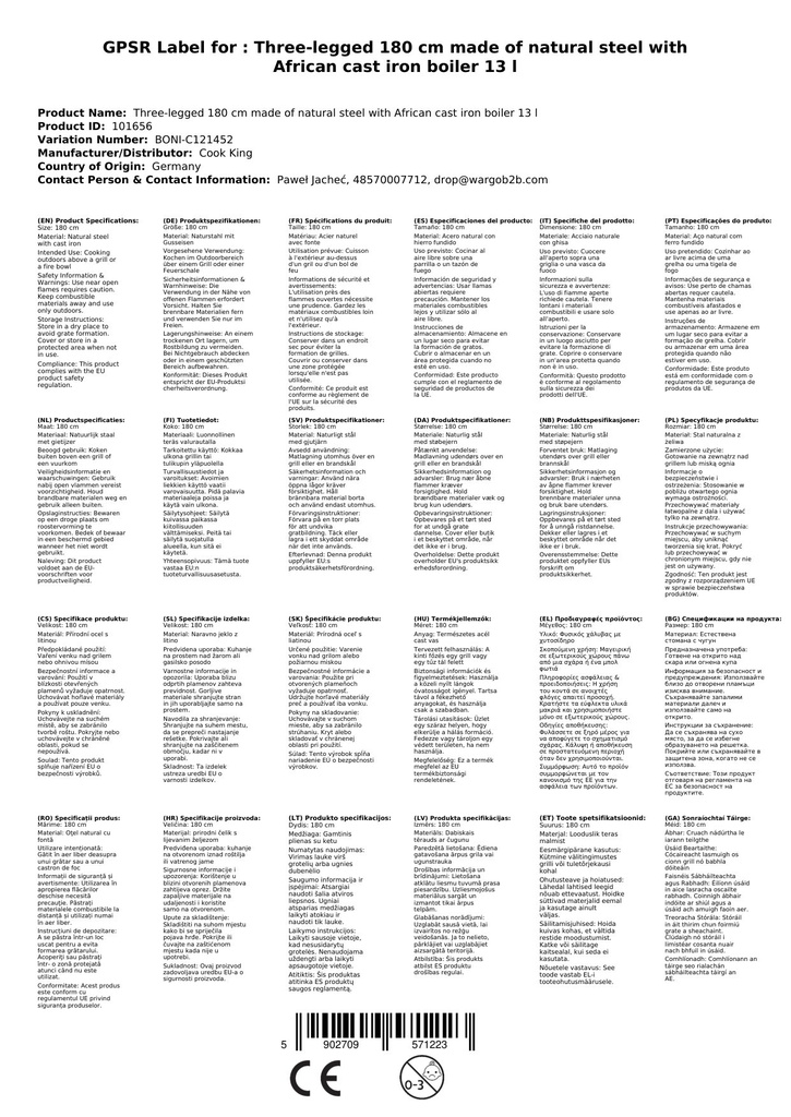 Tríchos 180 cm as Cruach Nádúrtha le Coire Iarainn Teilgthe Afracach 13 l