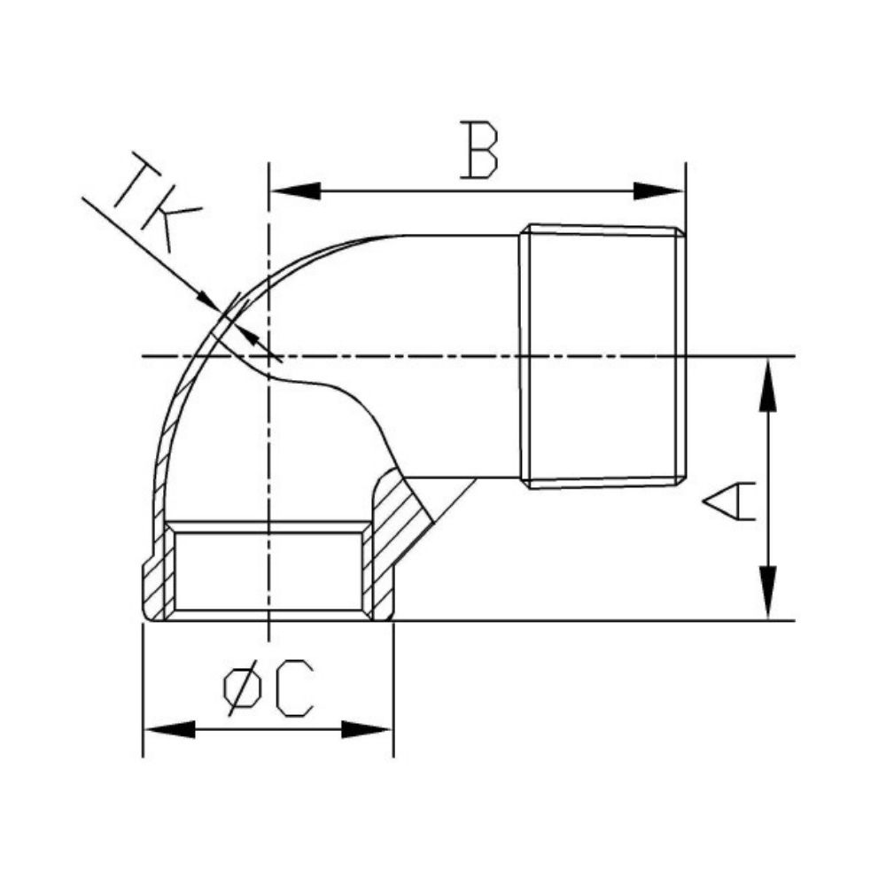 Feistiú Snáithe Cruach Dhosmálta Uillinn 90° 1 1/2" IG x 1 1/2" AG-1